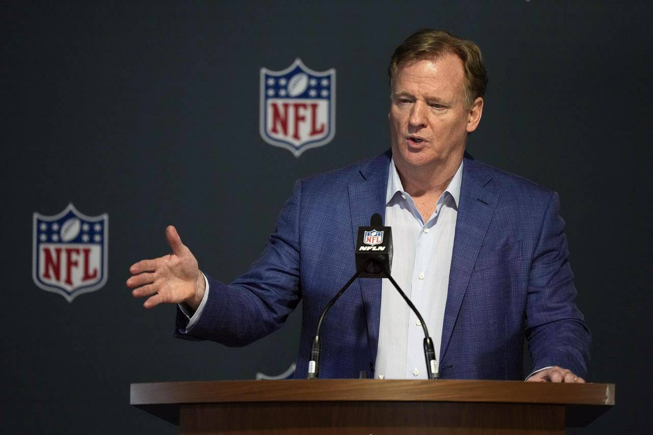FILE -NFL CommissionerRoger Goodell answers questions from reporters at a press conference following the close of the NFL owner’s meeting, Tuesday, March 29, 2022, at The Breakers resort in Palm Beach, Fla. Indianapolis Colts owner Jim Irsay said Wednesday, Dec. 14, 2022 he isn’t ready to oust Daniel Snyder as owner of the Washington Commanders and wants to discuss the possibility with other NFL owners.(AP Photo/Rebecca Blackwell, File)