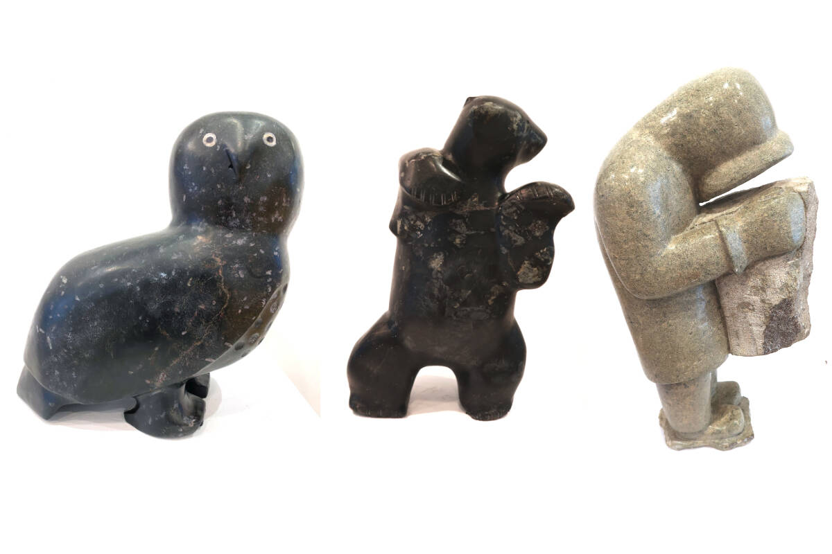 A thief broke into Victoria’s Madrona Gallery around 7:45 a.m. on Dec. 26, stealing these three Inuit carvings (not pictured to scale) valued at more than $40,000 combined. (Courtesy of Madrona Gallery)