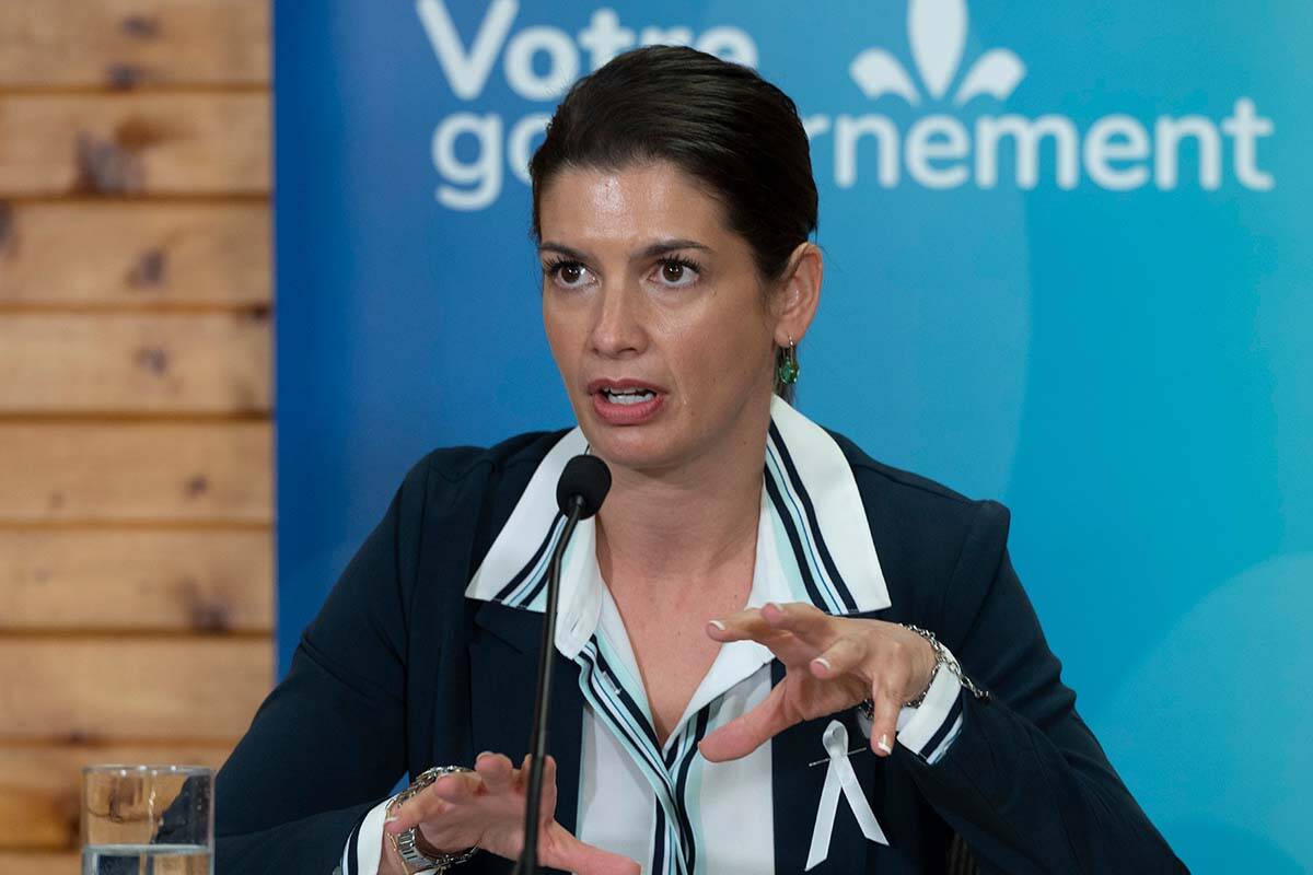 Quebec Deputy premier and Public Security Minister Genevieve Guilbault announces the implementation of proximity bracelets for domestic violence abusers, Wednesday, December 1, 2021 in Quebec City. THE CANADIAN PRESS/Jacques Boissinot