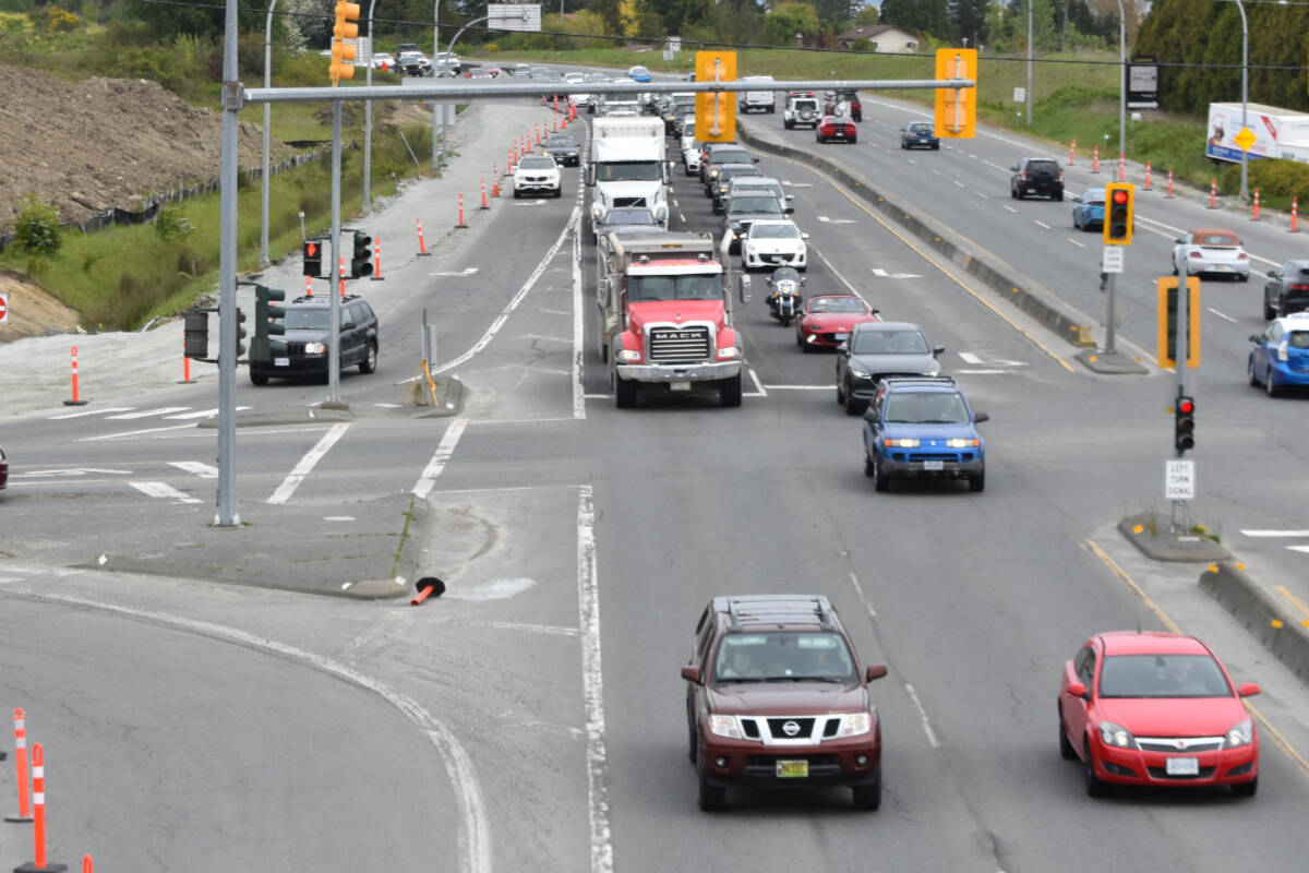 Bus jumping lanes at the intersection of Highway 17 and Mount Newton Cross Road, here seen during their construction in late spring 2022, are now ready to use, the province announced Dec. 29. (Black Press Media file photo)