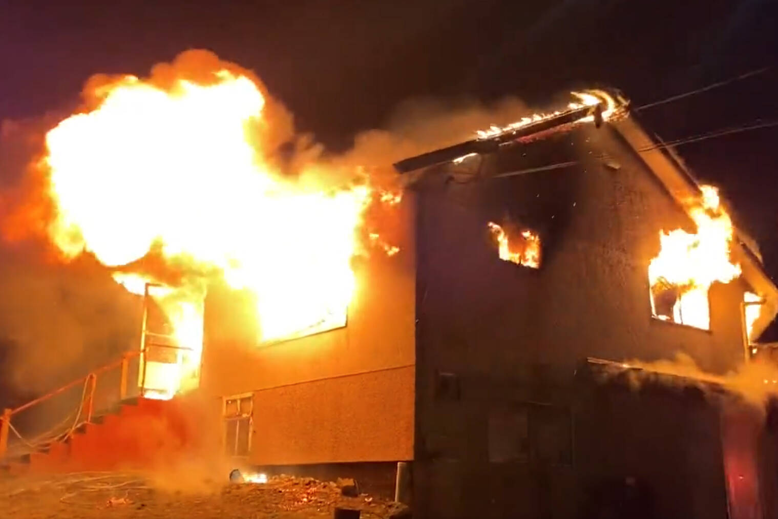 Nanaimo Fire Rescue firefighters arrived at Bowen and Latimer roads early this morning to find a house fully engulfed in flames. (Nanaimo Fire Rescue photo)