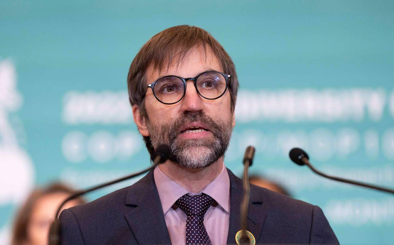 Canada Environment Minister Steven Guilbeault addresses a news conference at the COP15 UN conference on biodiversity in Montreal on Friday, December 16, 2022. THE CANADIAN PRESS/Paul Chiasson