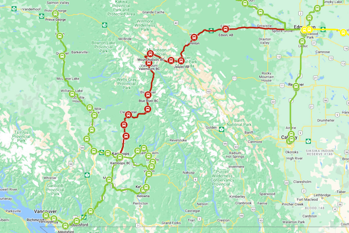 A map of the Ebus routes for the interior of B.C. which will service Kamloops and Prince George and communities in between as of January 2023. (Ebus image)
