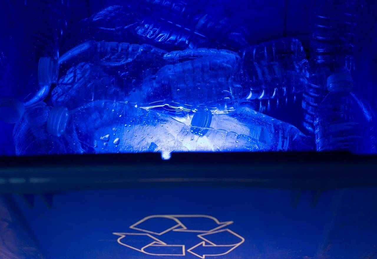 Plastic water bottles are pictured in a blue box recycle bin in North Vancouver, B.C., on May 7, 2019. British Columbia is increasing the types of items it accepts for recycling in its residential blue box system and at depots. THE CANADIAN PRESS/Jonathan Hayward