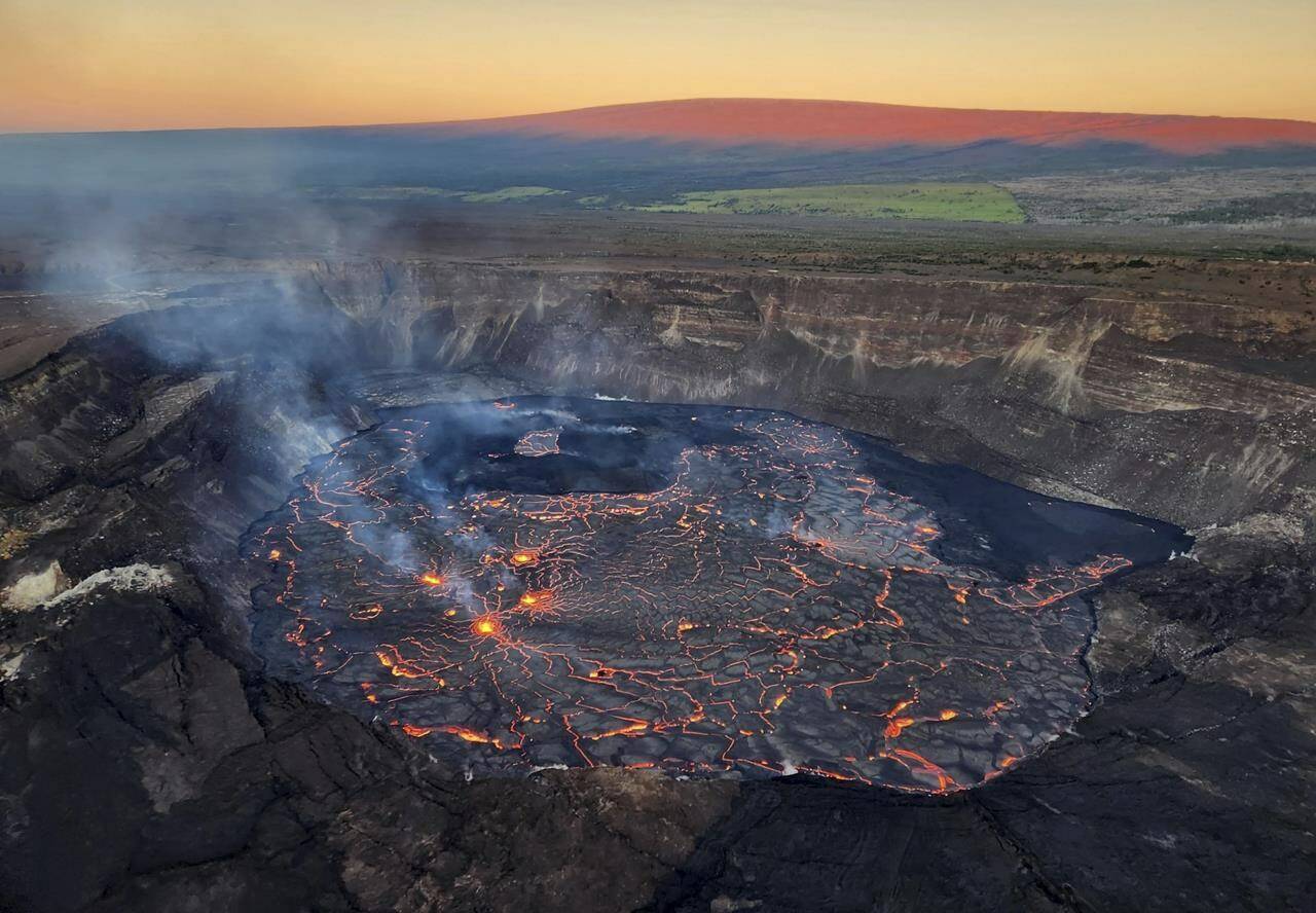 This photo provided by the U.S. Geological Survey shows the inside of the summit crater of the Kilauea Volcano on Friday, Jan. 6, 2023. Hawaii’s Kilauea volcano has begun erupting less than one month after Kilauea and its larger neighbor Mauna Loa stopped releasing lava. (U.S. Geological Survey via AP)
