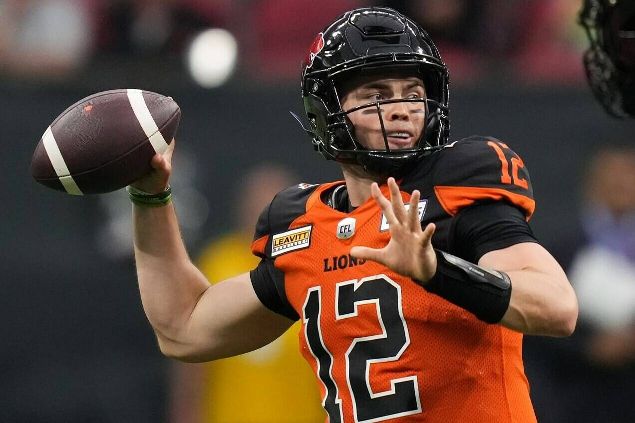 The Kansas City Chiefs confirmed they hosted 24-year-old, Victoria native CFL star quarterback Nathan Rourke for a workout Monday. Rourke passes during the first half of a pre-season CFL football game against the Saskatchewan Roughriders in Vancouver, on June 3, 2022. THE CANADIAN PRESS/Darryl Dyck