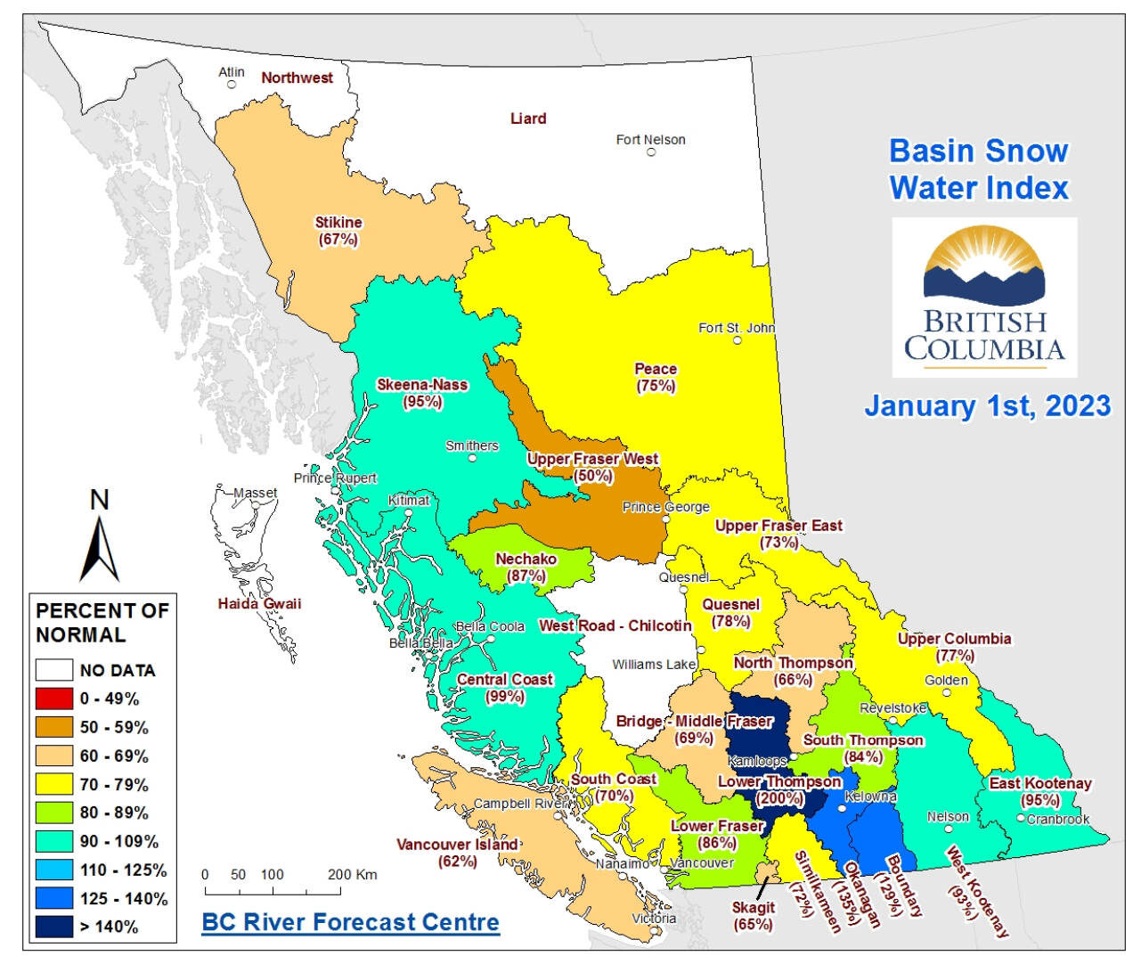 The Jan. 1 data from the B.C. River Forecast Centre shows snow levels below normal in much of the province, with the exception of the Okanagan and Boundary regions. (B.C. River Forecast Centre image)