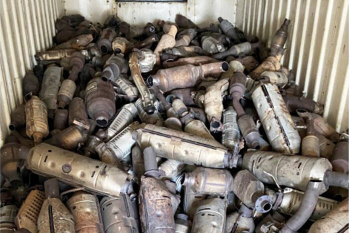 Catalytic converter thefts have become more prevalent across King County in the past few years. Pictured: The Kent Police Department recovered nearly 800 catalytic converters during arrests in 2021. (Photo courtesy of the Kent Police Department)