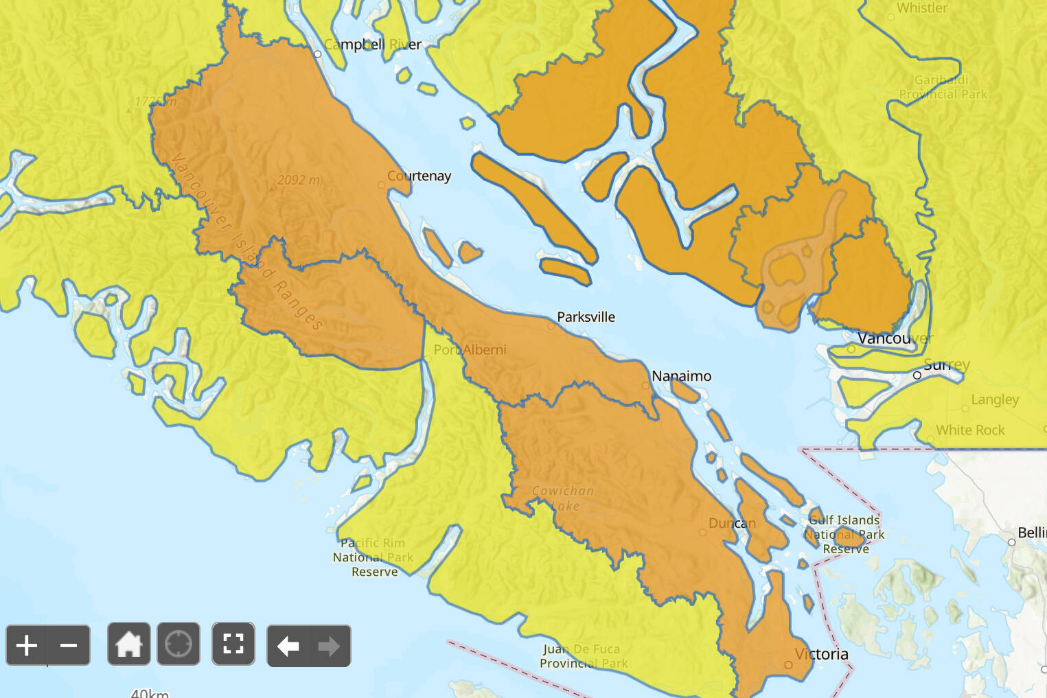 This map represents flood advisory and warning notifications as updated by the River Forecast Centre for the Province of British Columbia as of noon Jan. 13. (Government of B.C.)