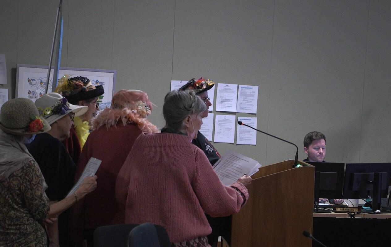 Leslie Robinson and her gang of “grannies” sang their concerns about gentrification on Pandora Avenue to Victoria Mayor Marianne Alto to get their point across. (Ella Matte photo)