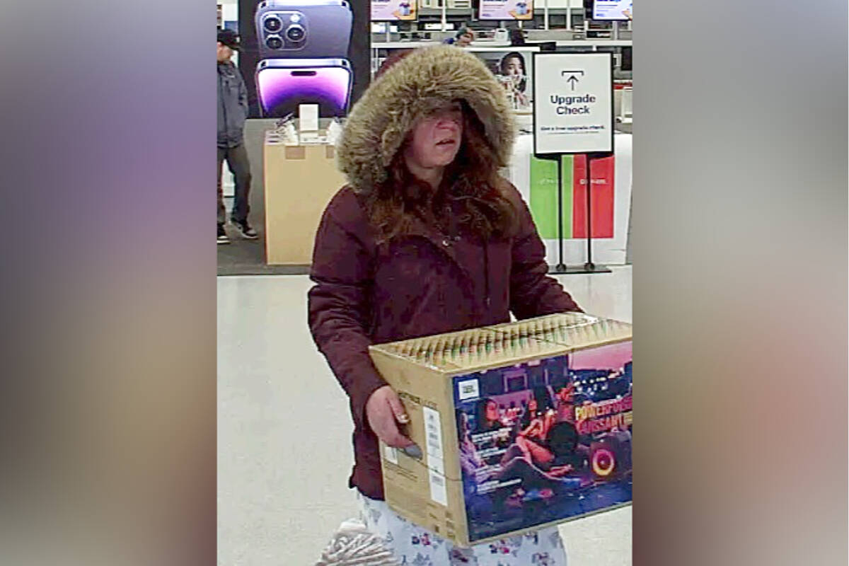 Police in Nanaimo hope the public can help identify a person who allegedly walked out of a Best Buy store without paying for a JBL speaker system. (Photo submitted)