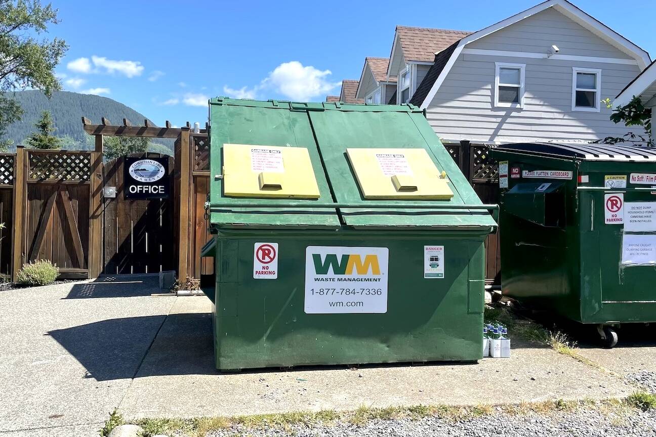 Bear proof lids have been installed on the garbage dumpster at the Cowichan Lake Marina. Similar bear-proof bins are necessary throughout the town. (Sarah Simpson/Gazette)