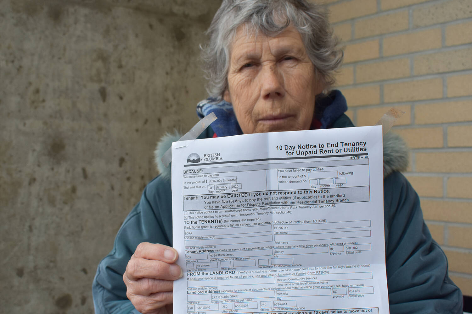 Wolf Depner’s story on Zora Hlevnjak being forced to pay back rent for her income raised collecting empty cans took second place for best local civic journalism for circulation 10,000 and over. (Wolf Depner/Black Press Media)