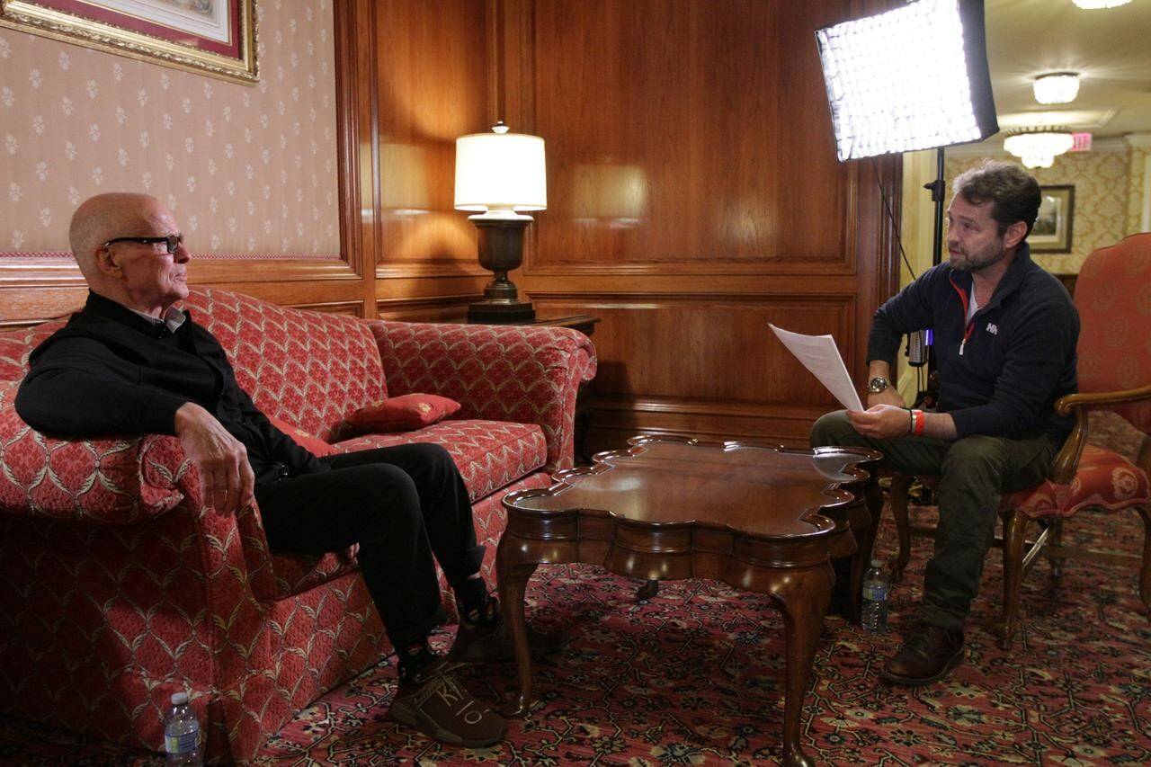 Director and narrator Jason Priestley, right, interviews former Toronto Maple Leafs player Jim McKenny about former Maple Leafs owner Harold Ballard for a new documentary in this undated handout photo. Priestley, the narrator and director of “Offside: the Harold Ballard Story, wants Canadians to draw their own conclusions on the irascible sports magnate who also owned the Hamilton Tiger-Cats. THE CANADIAN PRESS/HO - Lone Eagle Entertainment, Sam Lim