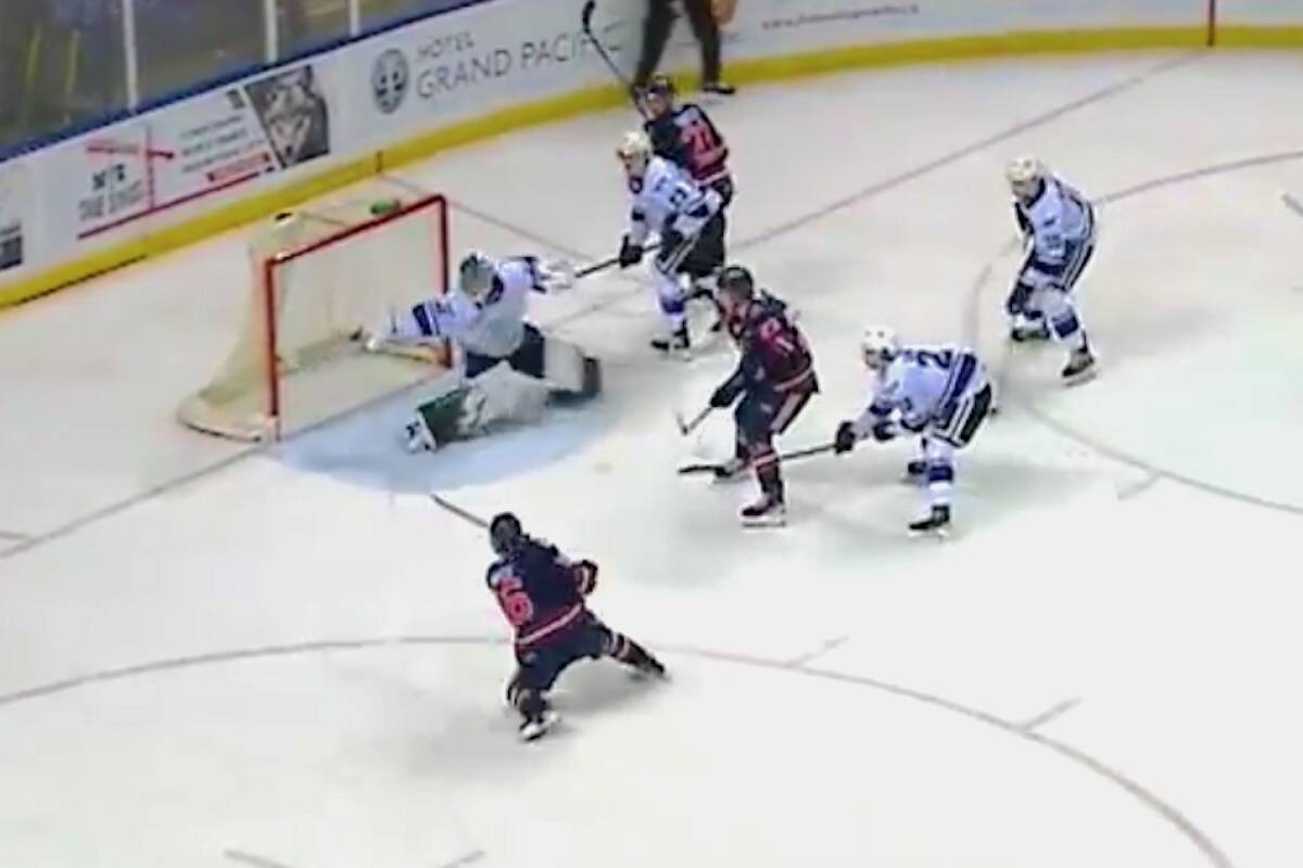 Netminder Braden Holt stopped 35 shots when his Victoria Royals beat the Kamloops Blazers 3-2 on Jan. 30, but none were finer than when the Montana product stretched across the open net with only his paddle to rob a sure goal off the stick of Kamloops’ Fraser Minten. (Courtesy of the Victoria Royals/WHL)