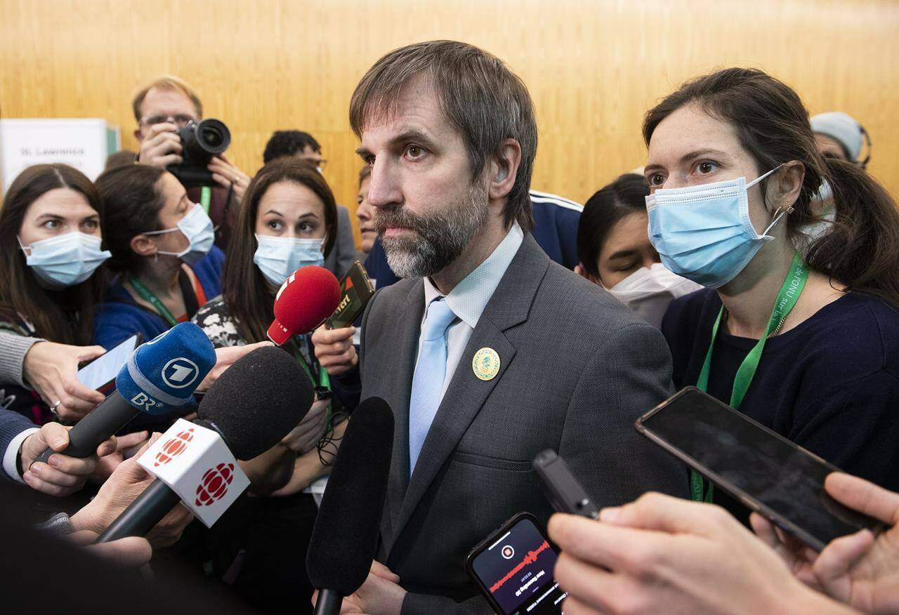 Steven Guilbeault, Minister of Environment and Climate Change of Canada speaks to reporters at the COP15 UN Biodiversity Conference in Montreal, Sunday, December 18, 2022. The federal Liberals will not change Ottawa’s environmental protection law to make it mandatory for every toxic substance to have a pollution prevention plan. THE CANADIAN PRESS/Graham Hughes