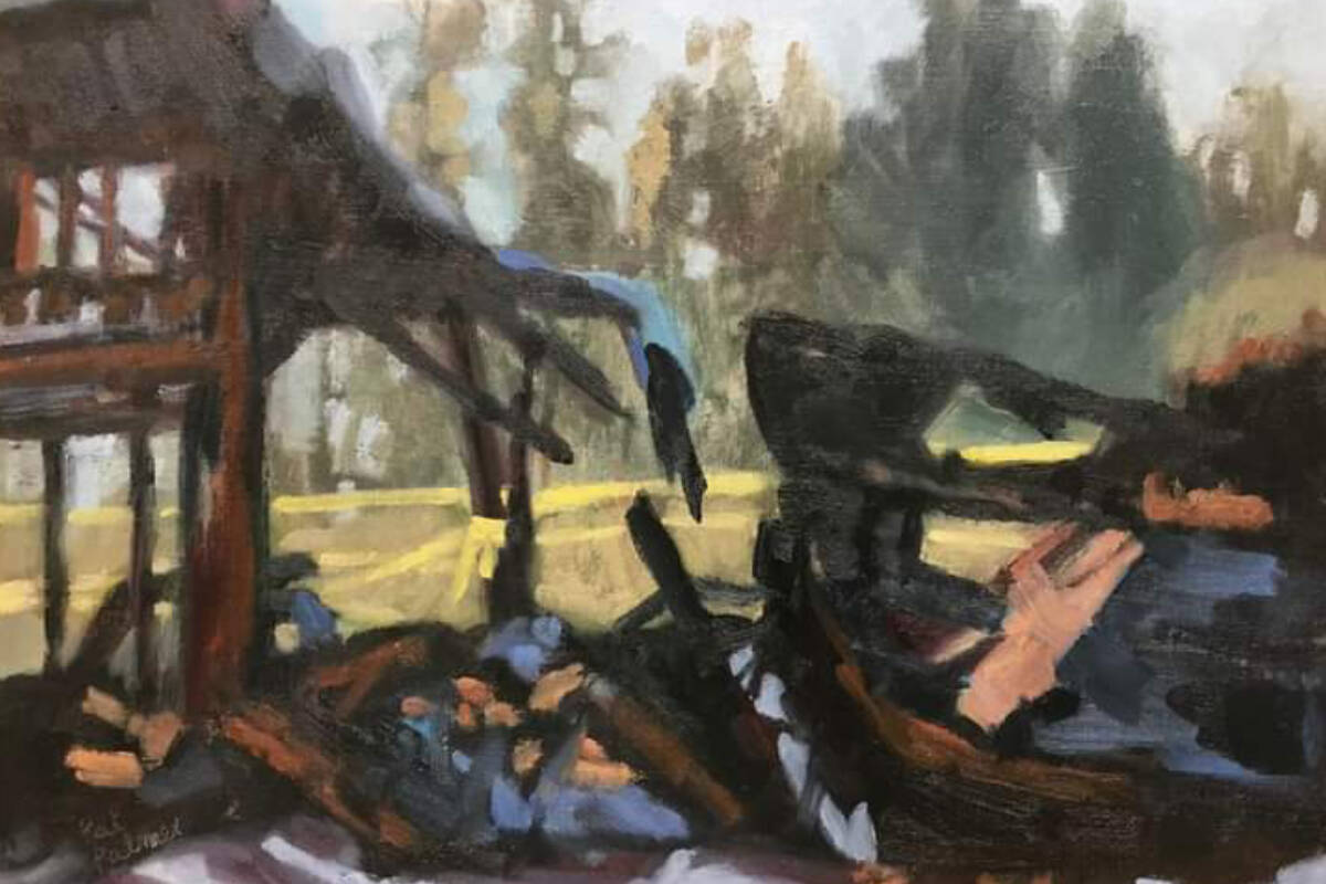 The Artward Bound plein air painting group each created their own artistic interpretation of what remains of several local business locations after a fire at the Parksville Heritage Centre last November. (Pat Palmer painting)