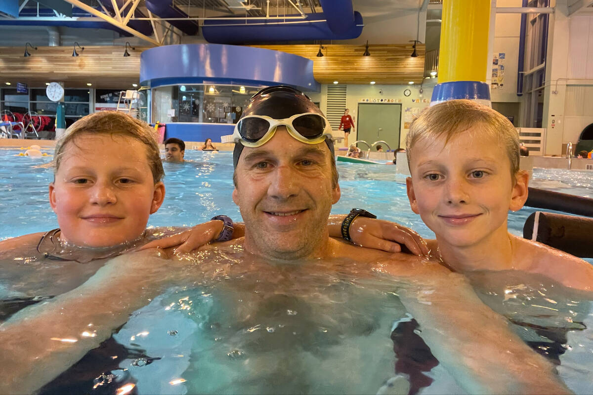 Nathaniel Stoffelsma enjoys a swim with his 11 and eight-year-old sons, Alex (left) and Jens, at Panorama Recreation Centre in North Saanich. (Courtesy Nathaniel Stoffelsma)