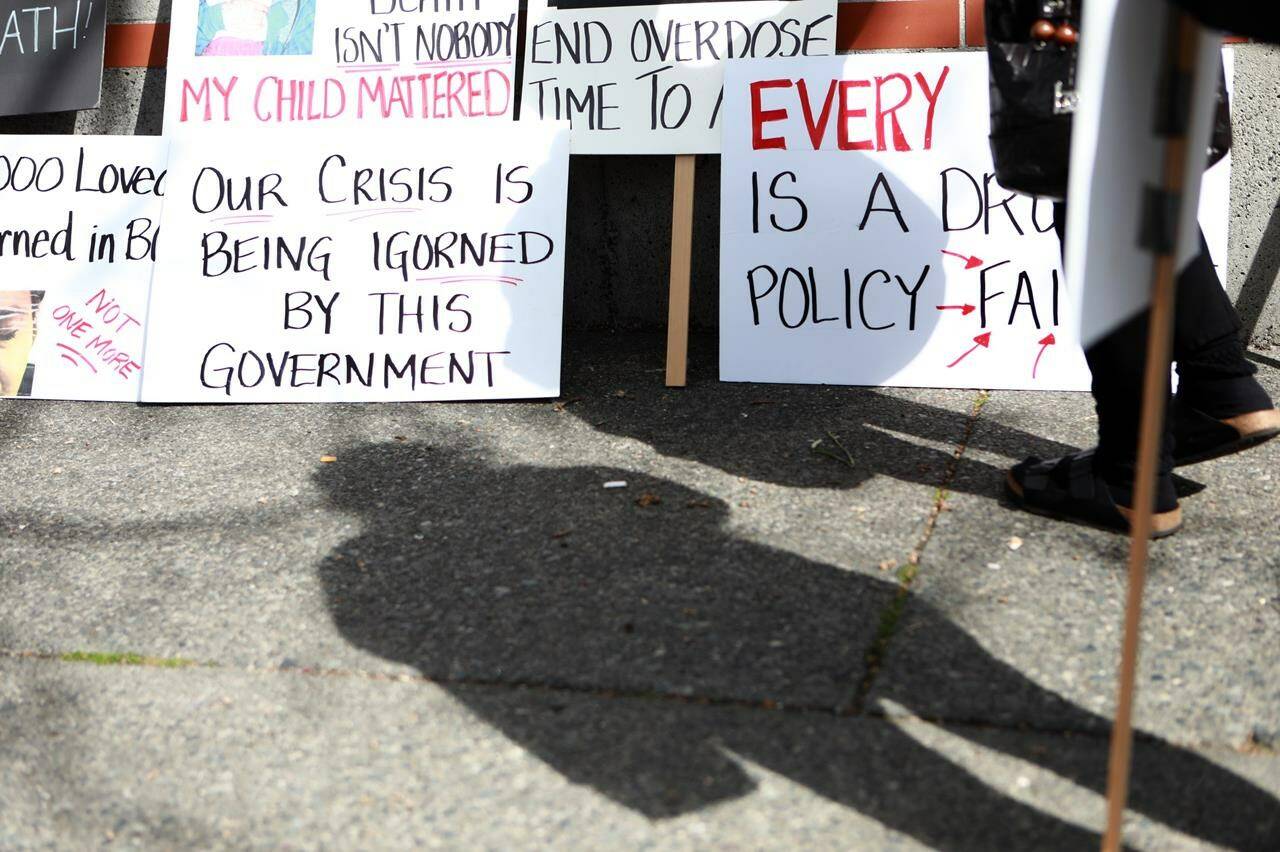 People gather at Centennial Square marking the sixth anniversary of B.C. declaring overdose deaths a public health emergency in Victoria, Thursday, April 14, 2022. A First Nation on the northwest coast of Vancouver Island has declared a state of emergency over what its leadership describes as the “unrelating impact of drugs and alcohol” on its members, particularly children and youth.THE CANADIAN PRESS/Chad Hipolito