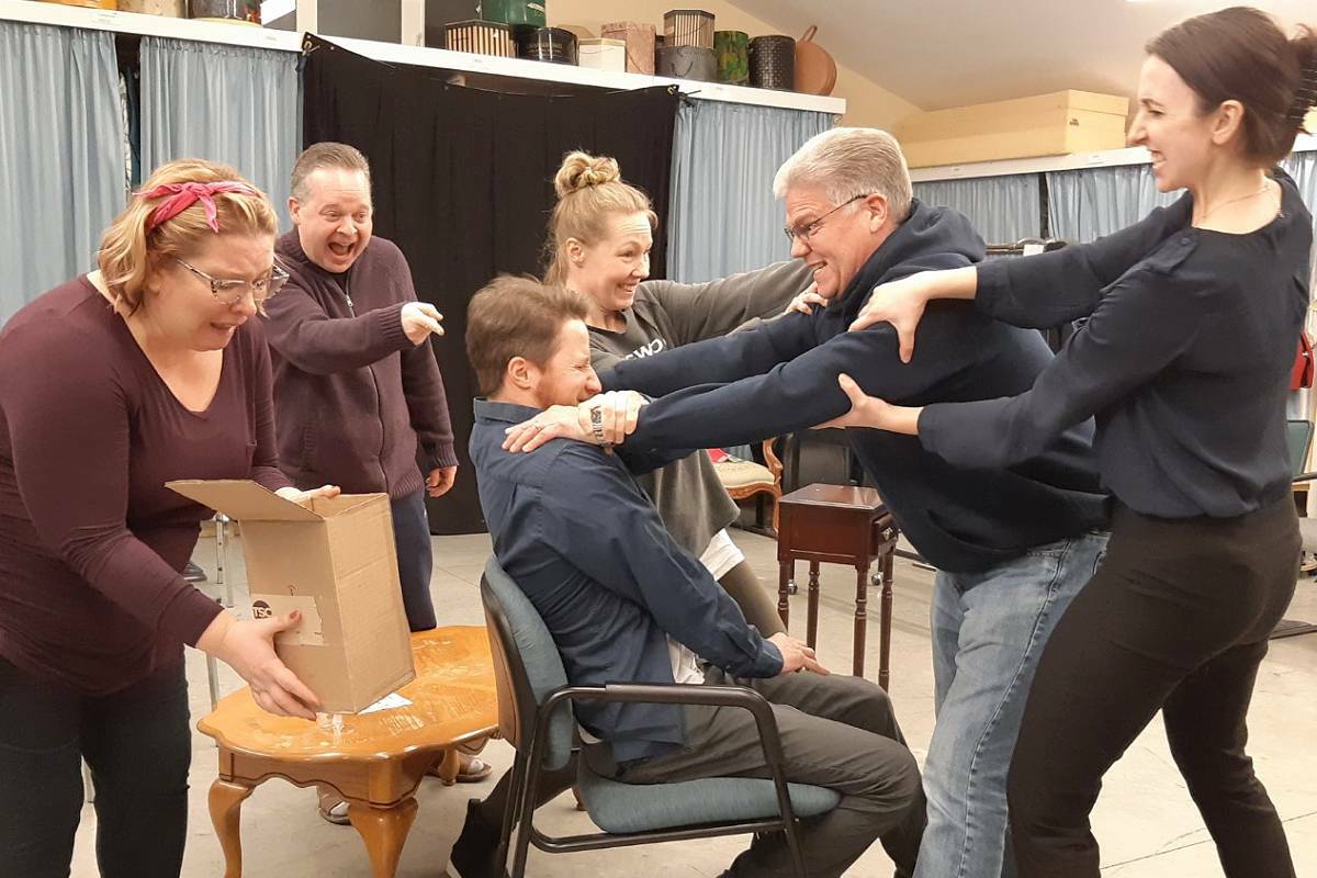 Jennifer Ottenbreit, left, Tracy Ottenbreit, Cole Landry, Tasha Ballantyne, Wes Lazaroff and Erin Mudry during rehearsal for Nanaimo Theatre group’s latest production, ‘A Fox on the Fairway,’ which runs Feb. 19 until March 10 at Nanaimo’s Bailey Studio. (Submitted photo)