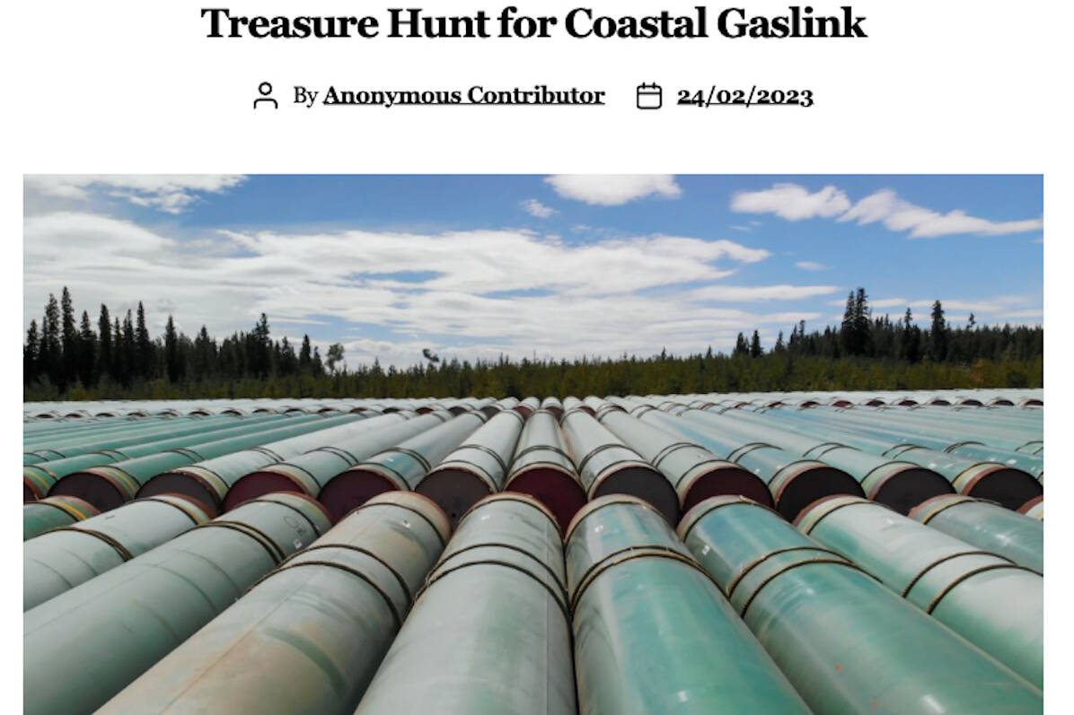 An anonymous article titled “Treasure Hunt for Coastal Gaslink” claims sections of the Coastal GasLink pipeline were vandalized to delay construction. (Screenshot)