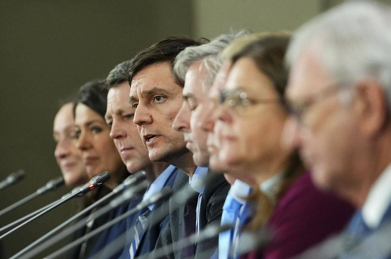 B.C. Premier David Eby answers a question as Canada’s premiers hold a press conference following a meeting on health care in Ottawa on Tuesday, Feb. 7, 2023. The British Columbia government has agreed in principle to a $27.47 billion deal for health-care funding from the federal government.THE CANADIAN PRESS/Sean Kilpatrick