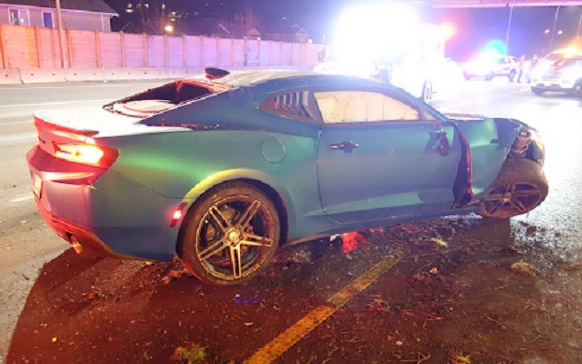 The 2018 Chevy Camaro involved was heavily damaged. (Courtesy of West Shore RCMP)