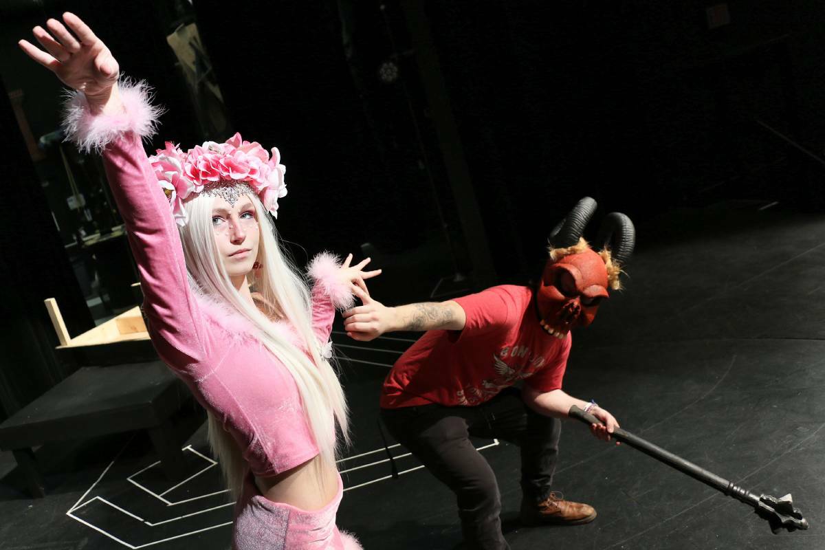 Lexi Barudin as Farrah the Faerie and Brandon Caul as Orcus rehearse a scene for ‘She Kills Monsters’ which will be staged at Vancouver Island University’s Malaspina Theatre from March 2-11. (Leon Potter Photo)