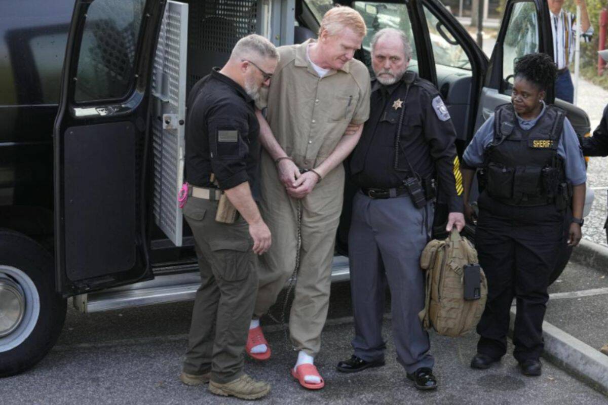 Alex Murdaugh is led to the Colleton County Courthouse by sheriff's deputies for sentencing Friday, March 3, 2023 in Walterboro, S.C., after being convicted of two counts of murder in the June 7, 2021, shooting deaths of Murdaugh's wife and son. (AP Photo/Chris Carlson)