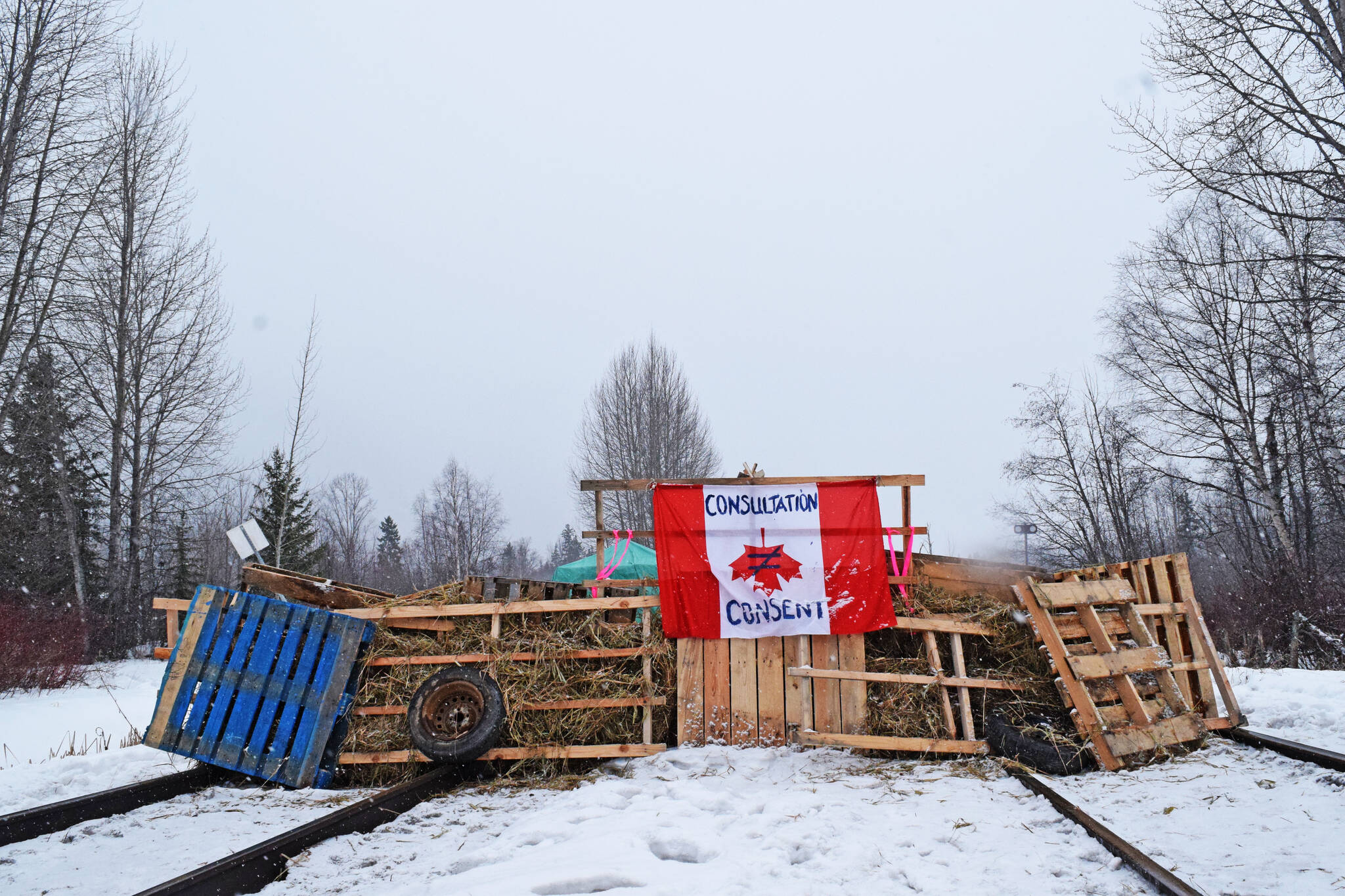 Gitxsan blockade of CN rail lines near New Hazelton in early 2020 erected in support of Wet’suwet’en opposition to the Coastal GasLink natural gas pipeline. (File photo)