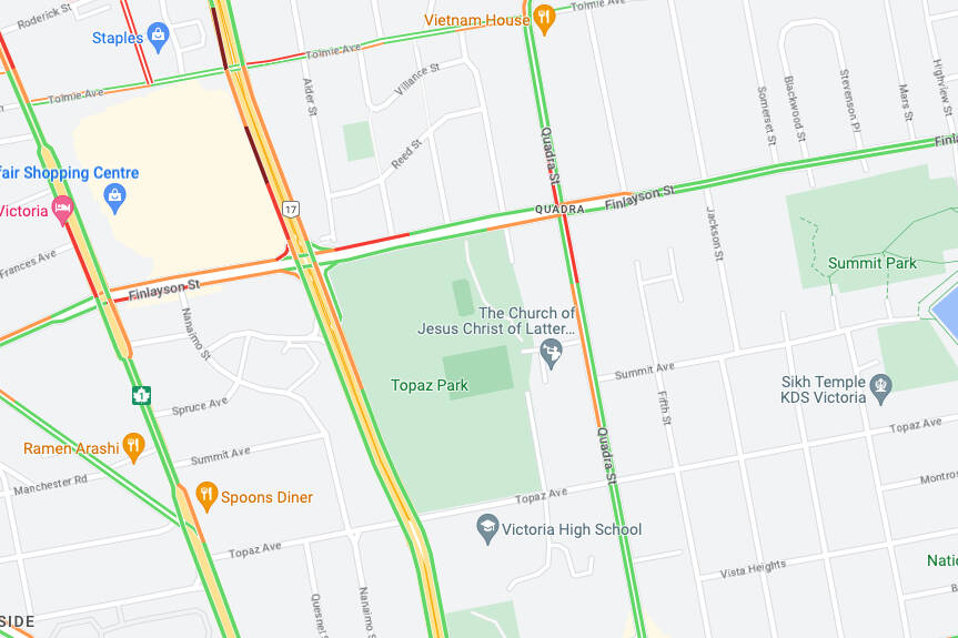 A pair of crashes blocks apart impact Victoria traffic Friday (March 10). (Google maps)