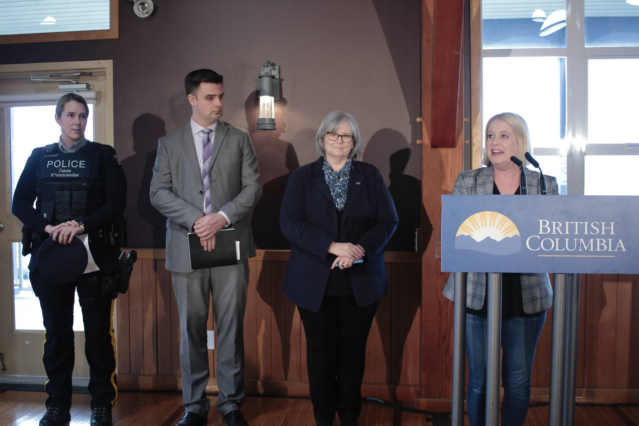 From left are Campbell River RCMP Sgt. Kimberly Rutherford, Northern Development Initiative Trust CEO Joel McKay, North Island MLA Michele Babchuk and Citizens’ Services Minister Lisa Beare announcing the new $75 million fund to expand cell service on B.C. highways. Photo by Marc Kitteringham/Campbell River Mirror