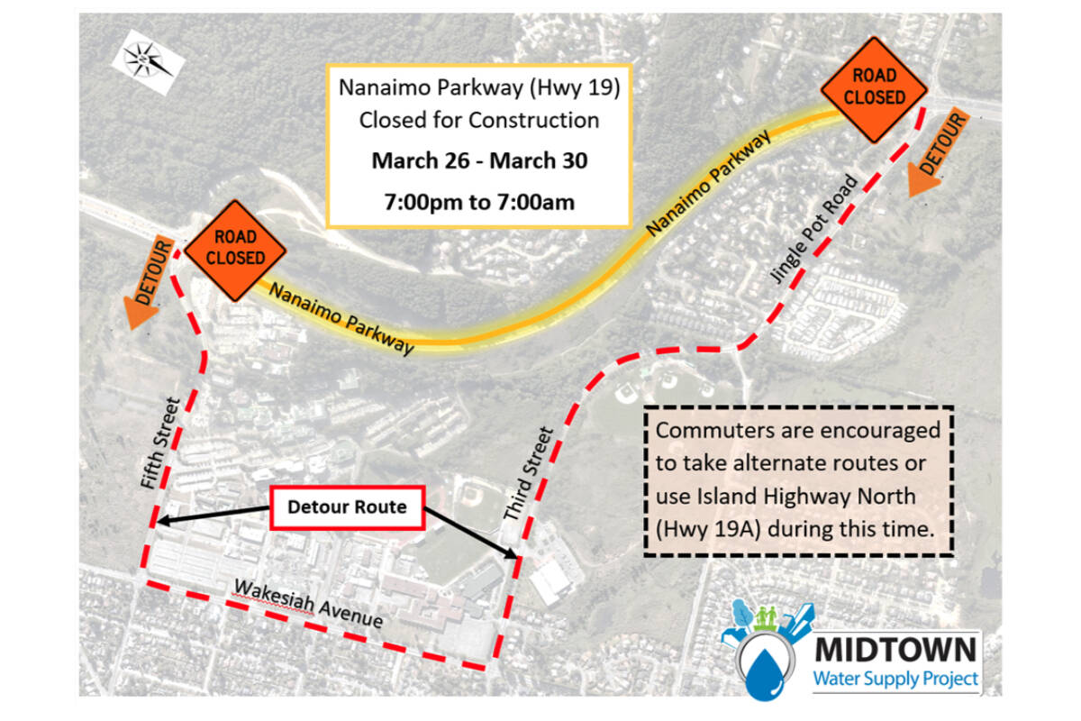 Vehicle traffic on the Nanaimo Parkway will be detoured over five nights March 26-30 to allow installation of a water pipeline. (City of Nanaimo image)
