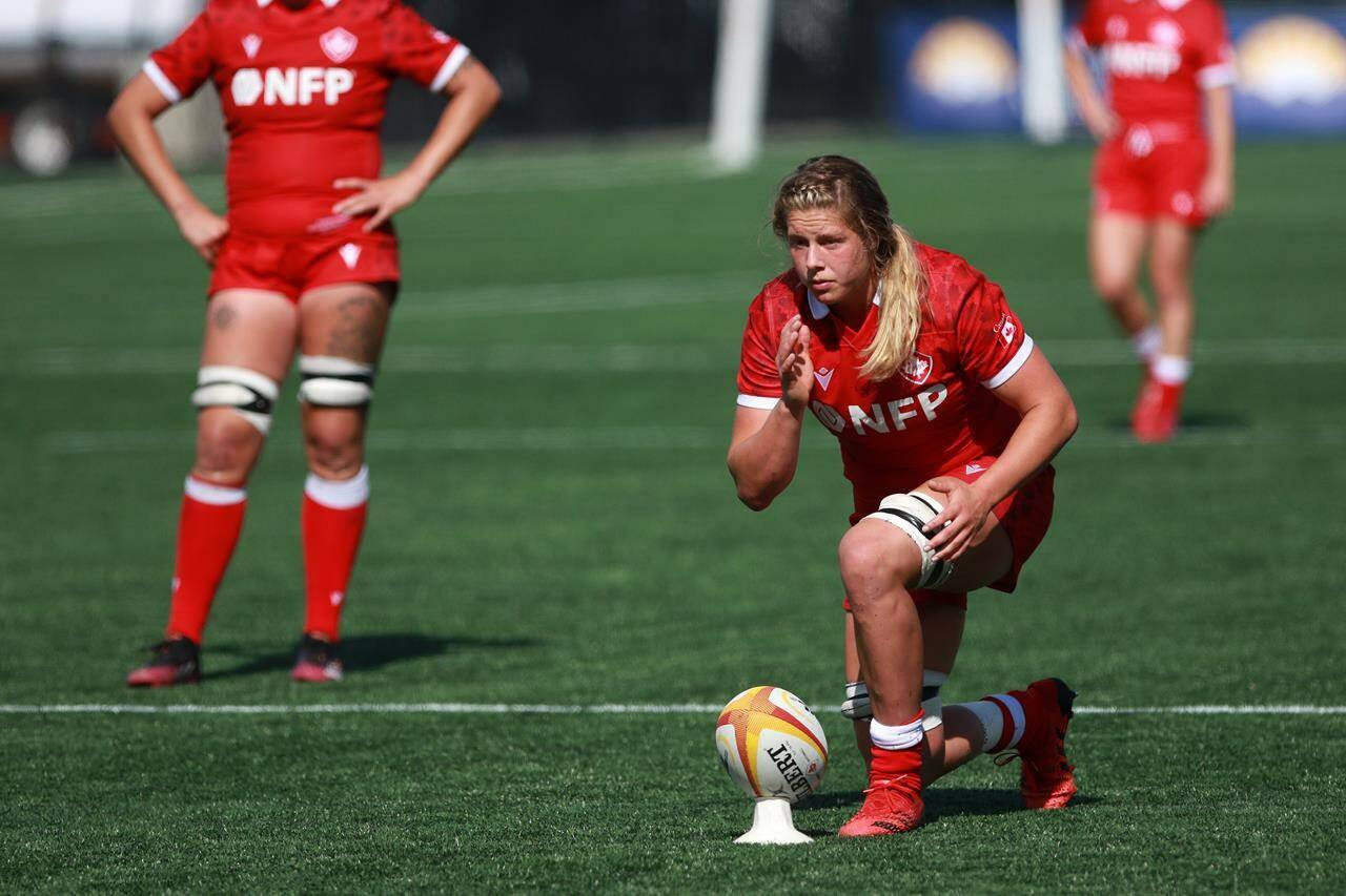 Canada’s Sophie de Goede lines up for a penalty kick in Langford, B.C., July 24, 2022. THE CANADIAN PRESS/Chad Hipolito