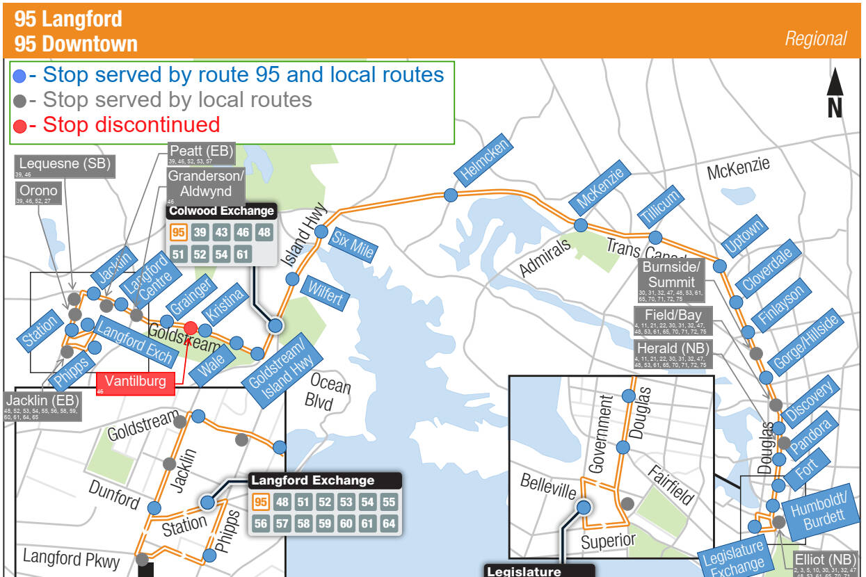 A map of BC Transit's new Route 95 West Shore-Downtown line to launch on April 10. (Courtesy BC Transit)