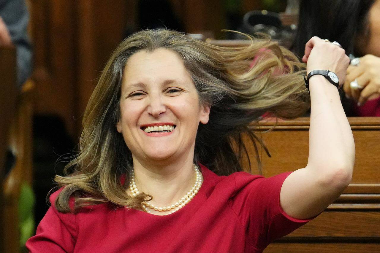 Deputy Prime Minister Chrystia Freeland is seen in the House of Commons as she awaits U.S. President Joe Biden’s address to Parliament, in Ottawa, Friday, March 24, 2023. THE CANADIAN PRESS/Sean Kilpatrick