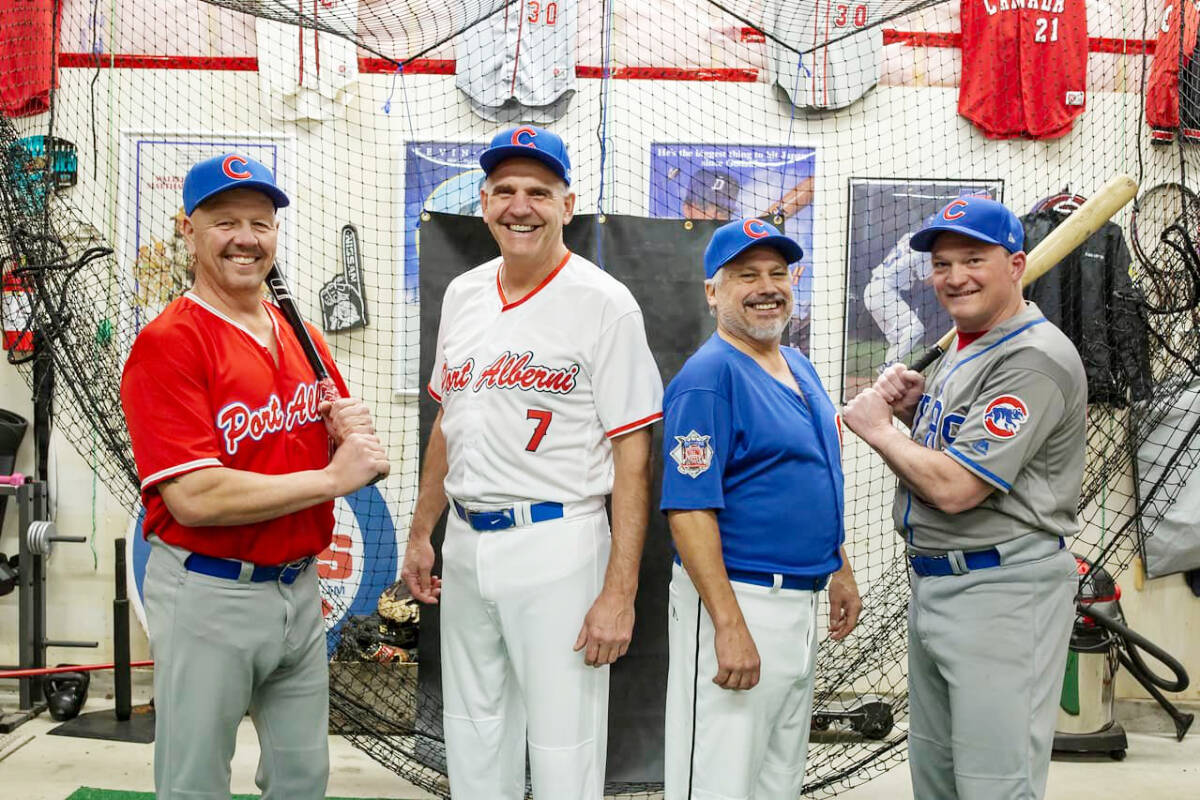 Roman Waitr, left, Dan Goddard, Kevin Berard and Dave Badovinac model the Port Alberni Cubs uniforms for the 2023 season. The Cubs will host the Canadian National Old Timers Baseball Federation championships in August 2023. (PHOTO COURTESY DWAYNE STERN)