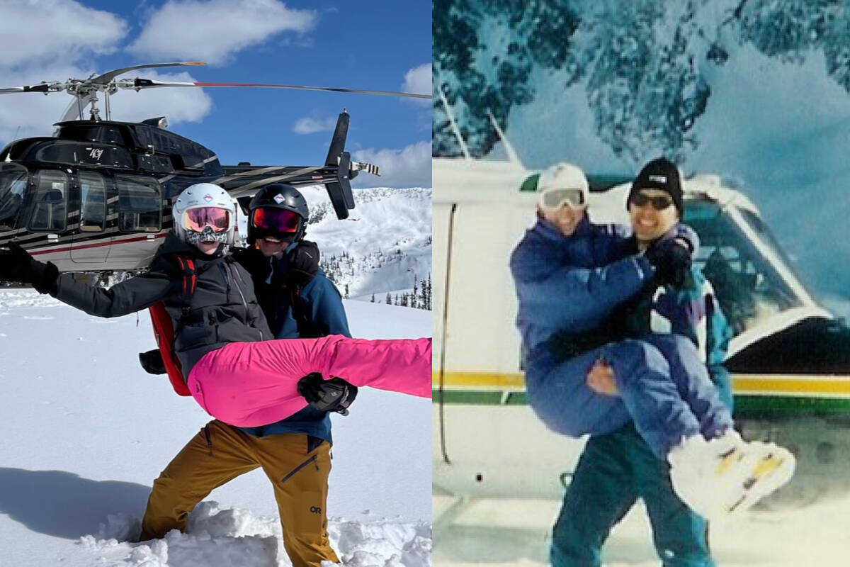 On the left: Paul and Denise Fejtek re-enacting their wedding proposal on a mountain near Nakusp. On the right: the original proposal in 1996. (Contributed by Paul Fejtek)