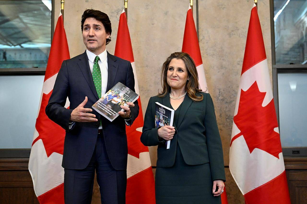 Prime Minister Justin Trudeau and Deputy Prime Minister and Minister of Finance Chrystia Freeland arrive to deliver the federal budget in the House of Commons on Parliament Hill in Ottawa, Tuesday, March 28, 2023. The Royal Canadian Legion is asking the Trudeau government for more details about its promise of more money to address longstanding delays and backlogs for ill and injured veterans. THE CANADIAN PRESS/Justin Tang
