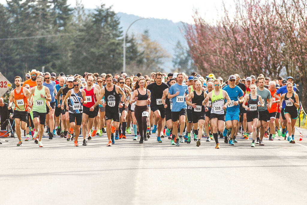 More than 300 runners enjoyed warm spring conditions last year in the Westcoast Sooke 10K. This year’s event was rescheduled to April 9 after late February snowfall. (Meredith Rose - Vancouver Island Runners Association)