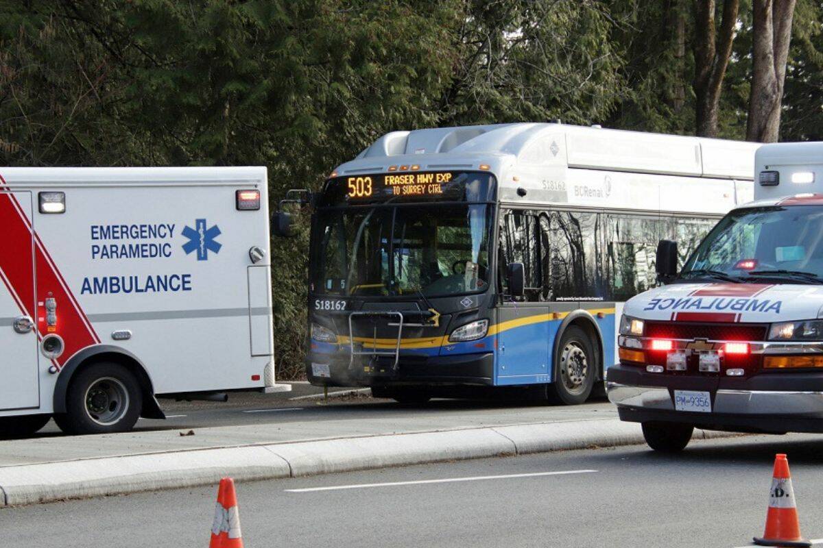Man stabbed in an apparent random attack on Coast Mountian Bus on April 1, 2023. (Photo: Shane MacKichan, Special to Surrey Now Leader)