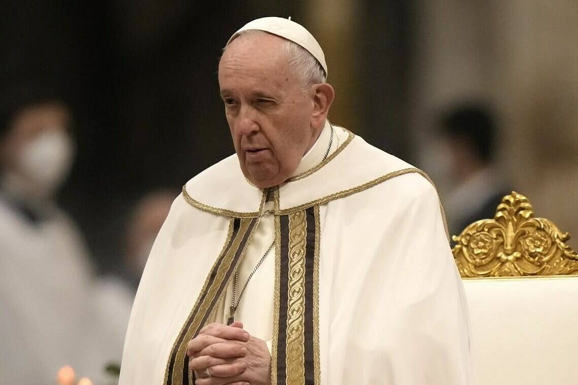Pope Francis says vespers in the Roman Basilica of Saint Paul Outside the Walls on the solemnity of the conversion of St. Paul, in Rome on Tuesday, Jan. 25, 2022. An Indigenous delegation is to meet with the Pope at the Vatican in early spring to discuss reconciliation and healing after a visit was postponed because of the COVID-19 pandemic. THE CANADIAN PRESS/AP-Andrew Medichini