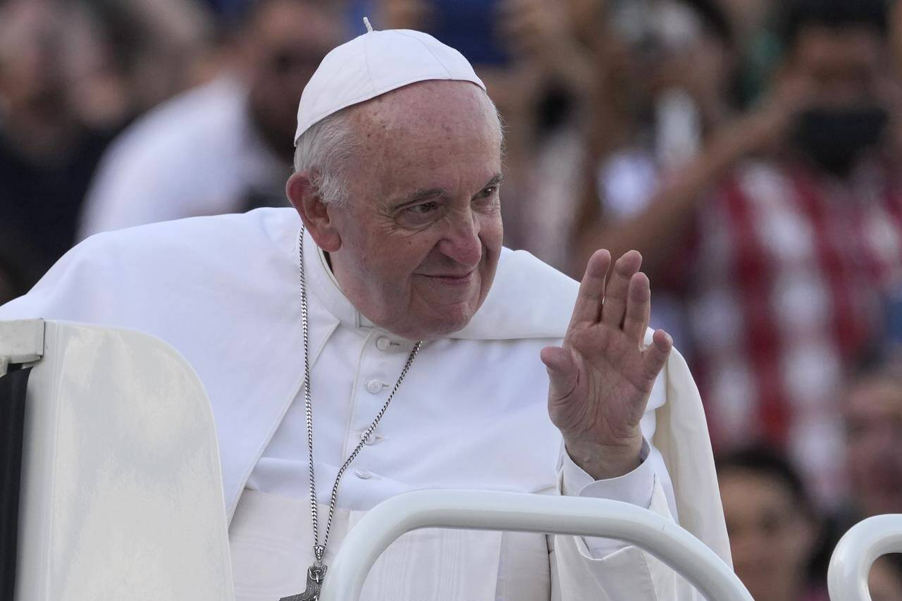 Pope Francis waves as he arrives in St. Peter’s Square at the Vatican for the participants into the World Meeting of Families in Rome, Saturday, June 25, 2022. Pope Francis is scheduled to visit Canada July 24-29, travelling to Alberta, Quebec and Nunavut. THE CANADIAN PRESS/AP-Andrew Medichini