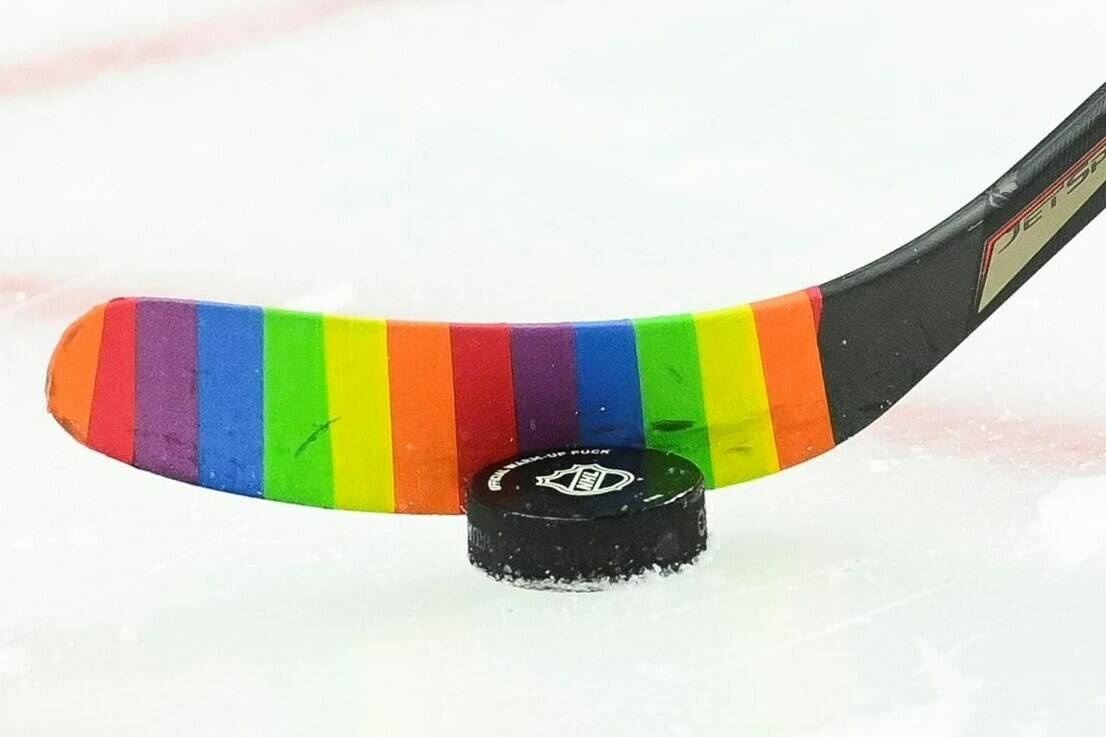 An Ottawa Senators player warms-up with rainbow-coloured hockey tape prior to taking on the Vancouver Canucks in NHL hockey action in Ottawa on Wednesday, April 28, 2021.The Toronto Maple Leafs won’t wear themed warmup jerseys for the team’s annual Pride night celebration Tuesday. THE CANADIAN PRESS/Sean Kilpatrick