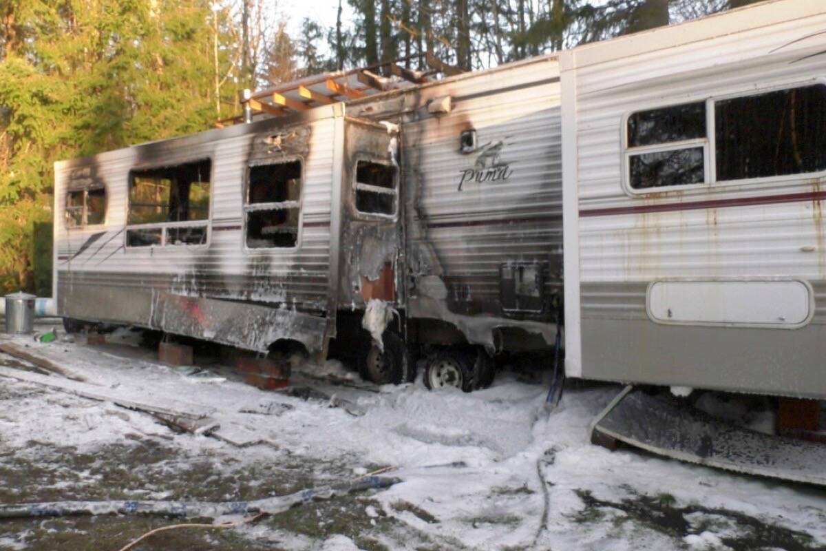A father and his two sons escaped a burning trailer north of Courtenay on March 4 from a rear window along with their cat, but the trailer was completely destroyed. Photo submitted