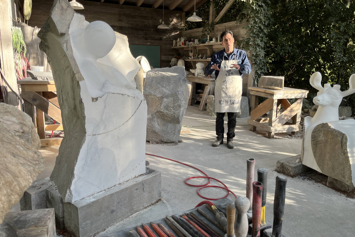 Artist Kent Laforme explains the process during a marble sculpting workshop at his studio. (Photo by Scott Gillies)