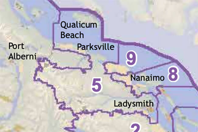 The B.C. Electoral Boundaries Commission’s final report separates the area into Ladysmith-Oceanside, Nanaimo-Lantzville and Nanaimo-Gabriola. (B.C. Electoral Boundaries Commission image)