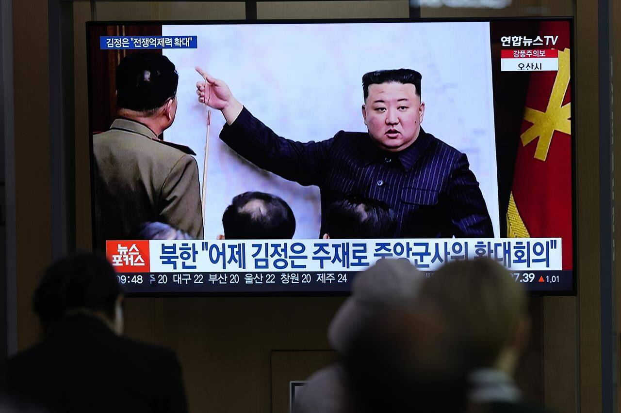 FILE - A TV screen shows an image of North Korean leader Kim Jong Un, during a news program at the Seoul Railway Station in Seoul, South Korea, Tuesday, April 11, 2023. South Korea Thursday morning, April 13, 2023, says North Korea has launched a ballistic missile off the North’s east coast. No further details were given. (AP Photo/Lee Jin-man, File)