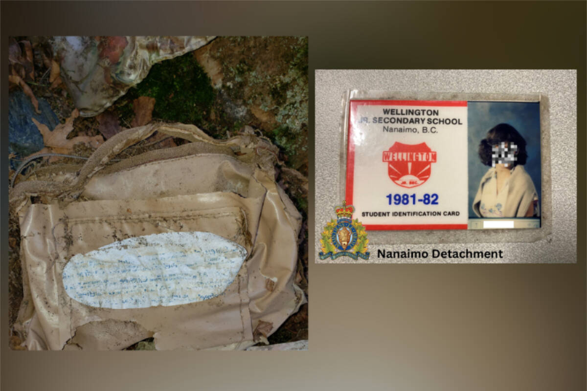 A woman from Nanaimo has been reunited with her purse and junior high school ID card that went missing in the early 1980s and was found stashed in a rock crevice by a person working in their backyard. (Photos submitted)