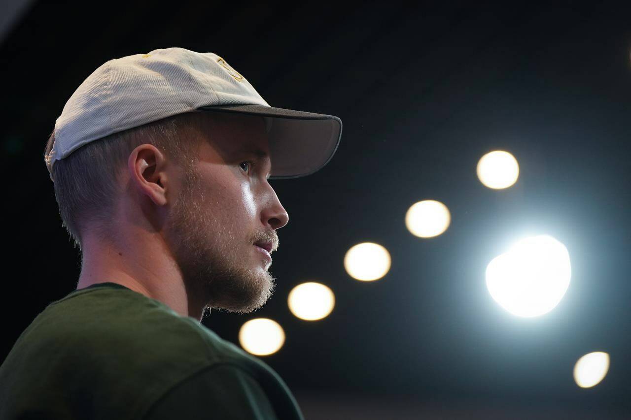 Vancouver Canucks centre Elias Pettersson listens during the NHL hockey team’s end of season news conference, in Vancouver, on Saturday, April 15, 2023. THE CANADIAN PRESS/Darryl Dyck